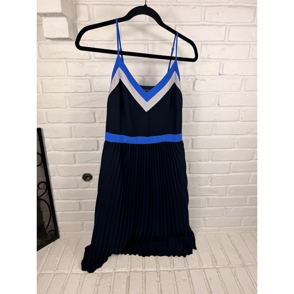 Banana Republic Womens 4 Navy Blue Colorblock Pleated Midi Dress Spaghetti Strap